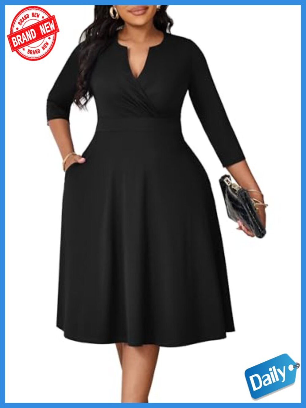 V Neck 3/4 Sleeve Plus Size Midi A-Line Dress with Pockets